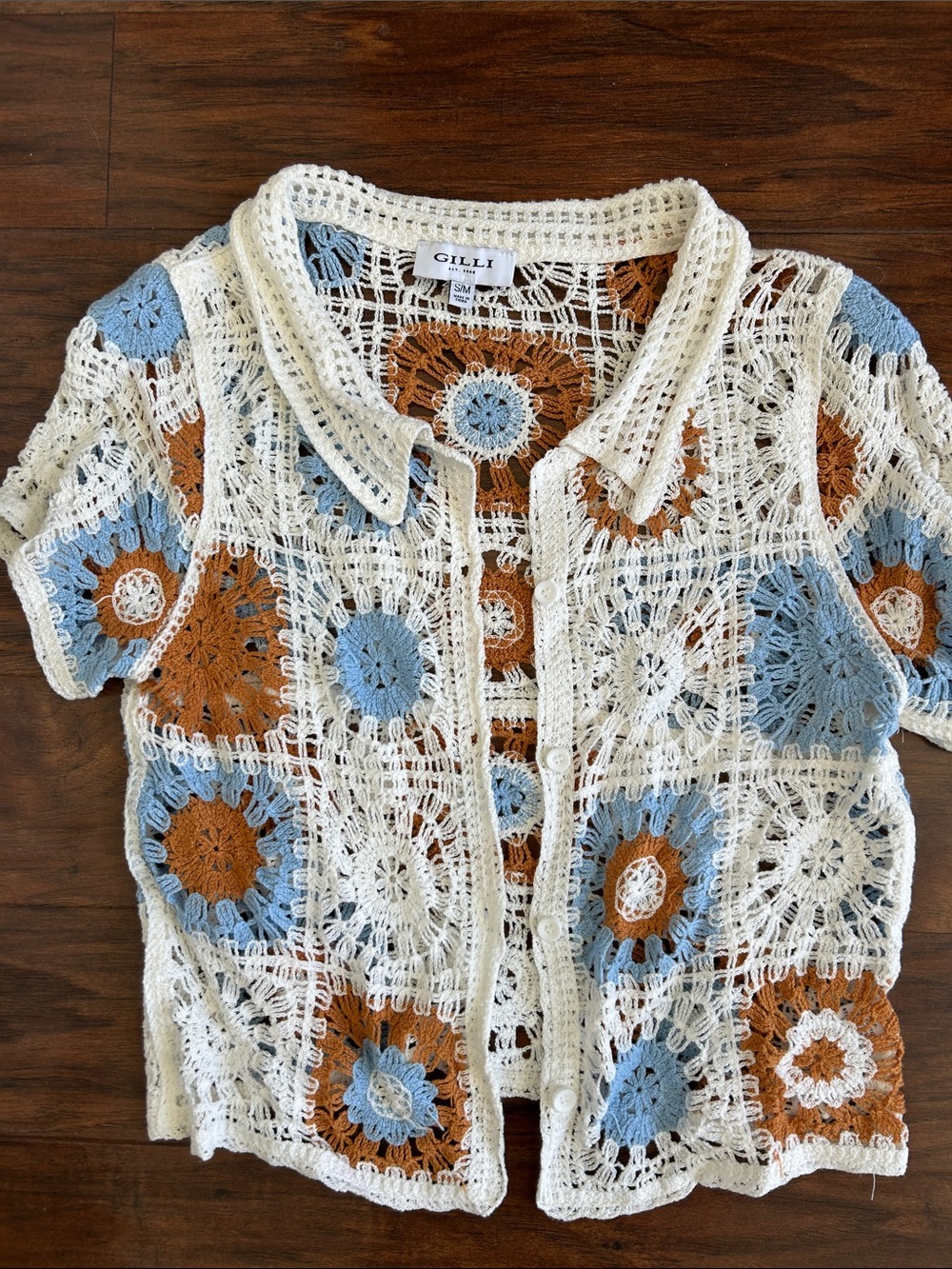 Gilli Crochet Button-Up Top in Cream, Blue & Rust